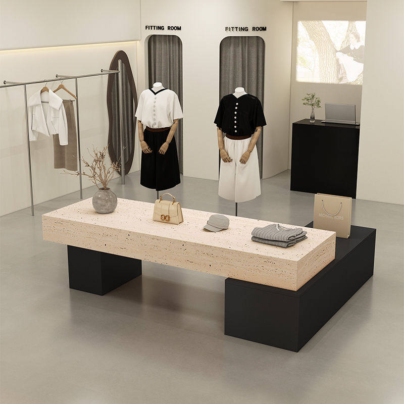 中古风服装店中岛台展示桌鞋包店铺中间摆放流水台洞石纹陈列柜子,淘宝优惠券,粉丝福利购,淘宝优惠卷