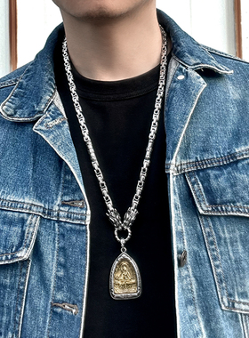 复古莲花生大士佛牌项链男钛钢