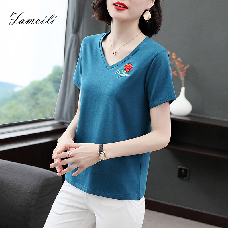 v领短袖2020宽松t恤女上衣 法美丽T恤