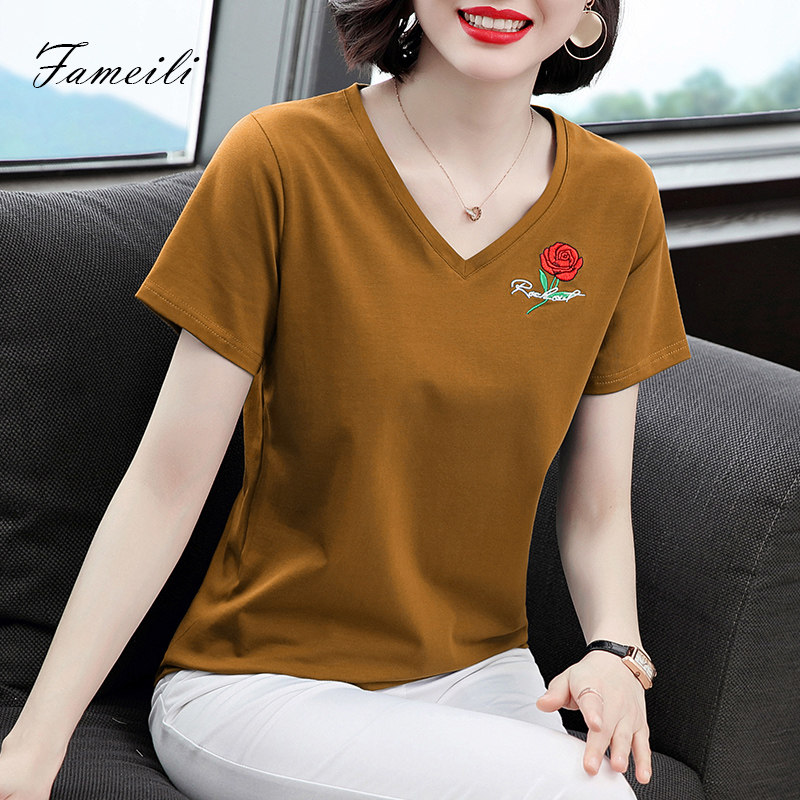 v领短袖2020宽松t恤女上衣 法美丽T恤