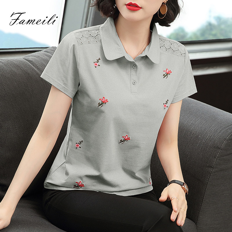 妈妈短袖宽松纯棉女装夏装polo衫 法美丽T恤