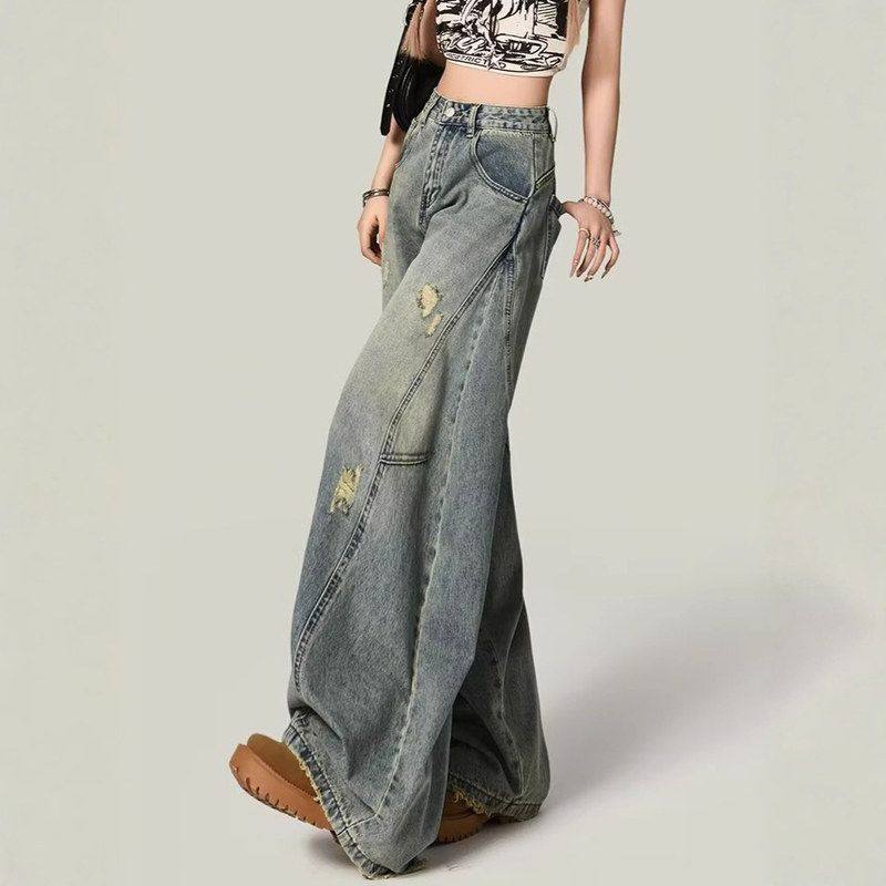 牛仔裤2025设计感高腰弯刀秋季拖地新款破洞阔腿高街显瘦女宽松裤,淘宝优惠券,粉丝福利购,淘宝优惠卷