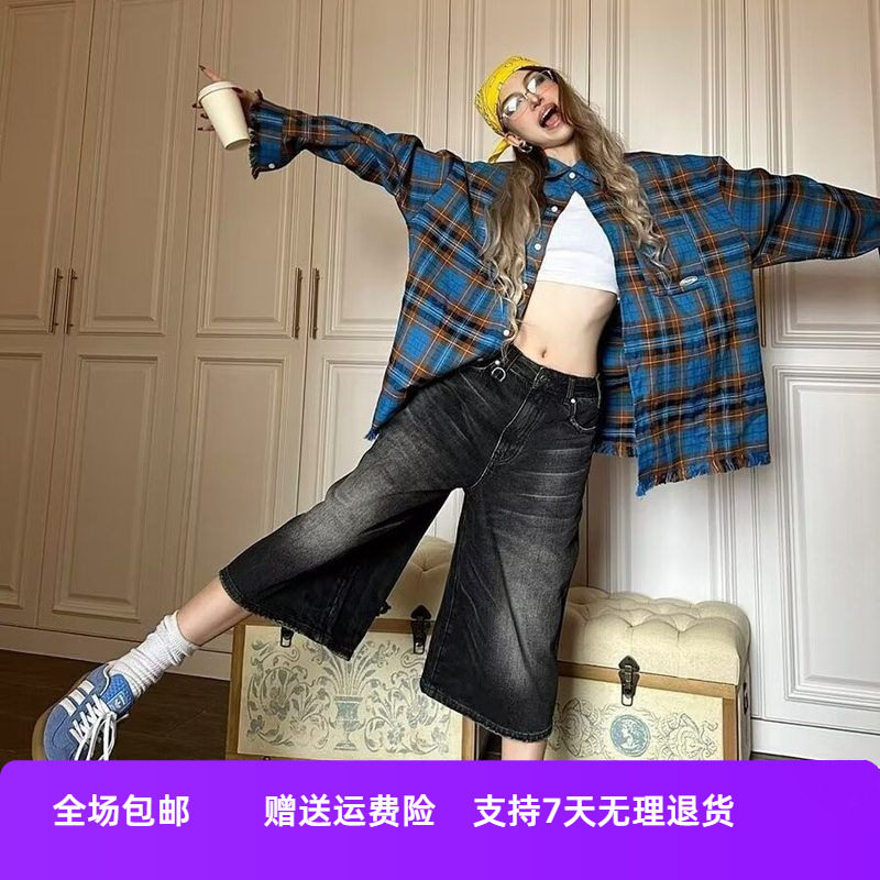 低腰夏季复古宽松五分裤中裤黑色美式女直筒工装牛仔七分裤短裤潮,淘宝优惠券,粉丝福利购,淘宝优惠卷