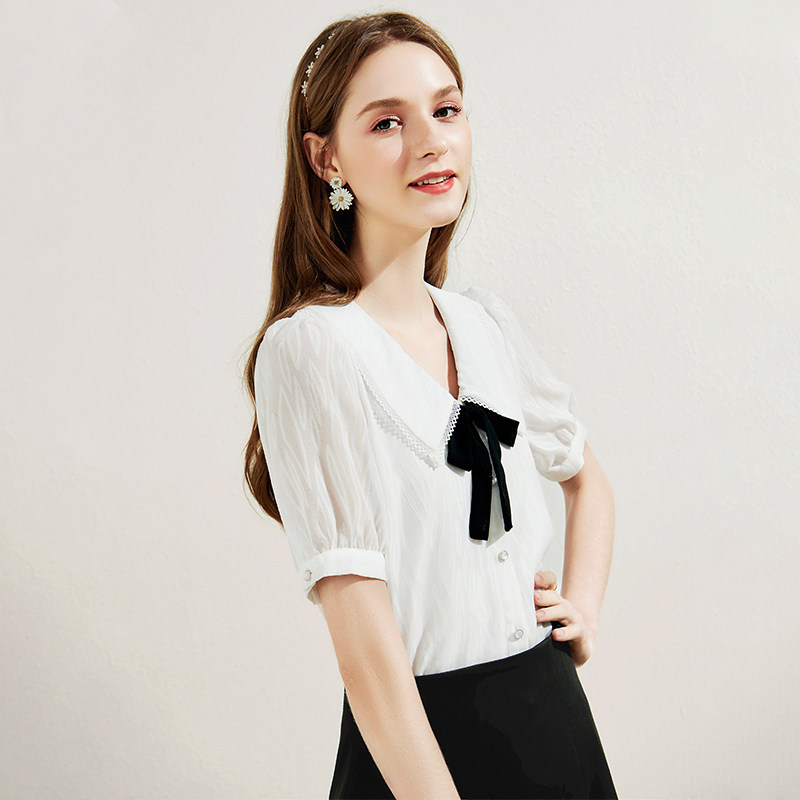 白色女夏2020新款娃娃领雪纺衬衫 百达依莉衬衫