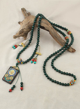 长款国风绿玛瑙串珠斜挎链女藏式唐卡吊坠中式背背项链百搭民族风