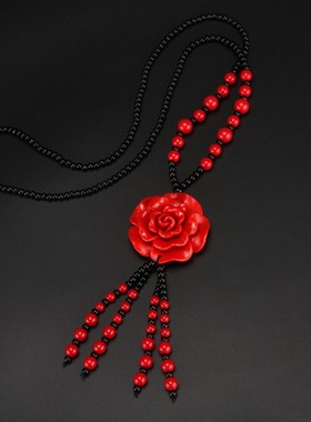 朱砂红玫瑰花毛衣链民族风女士