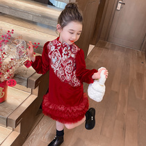 Girl China Wind Lianlian dress plus velvety winter clothing 2023 new ocean gas childrens skirt princess dress girl for the year.