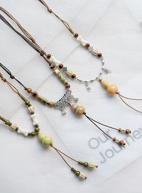 秋冬新款景德镇陶瓷可调节葫芦项链毛衣链古风百搭配饰气质甜美