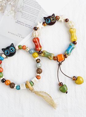 厂家直销夜市摆摊景德镇陶瓷手链手绳女串珠猫咪彩绳小饰品