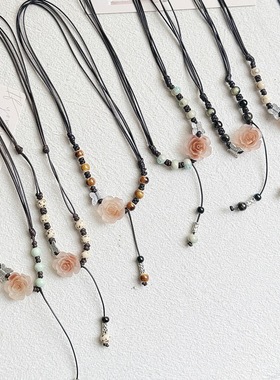 新中式民族风山茶花项饰女古风陶瓷项链颈链复古锁骨链饰品批发