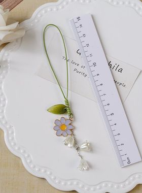 文艺甜美手工编织郁金香花朵钥匙扣百搭短款手机手绳吊坠U盘防丢