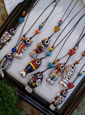 景德镇陶瓷鱼项链新中式民族风陶瓷长款毛衣链古风轻奢小众配饰女