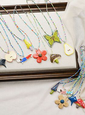 多巴胺甜美可爱少女风彩色小狗锁骨链项链彩色米珠串珠项链颈链