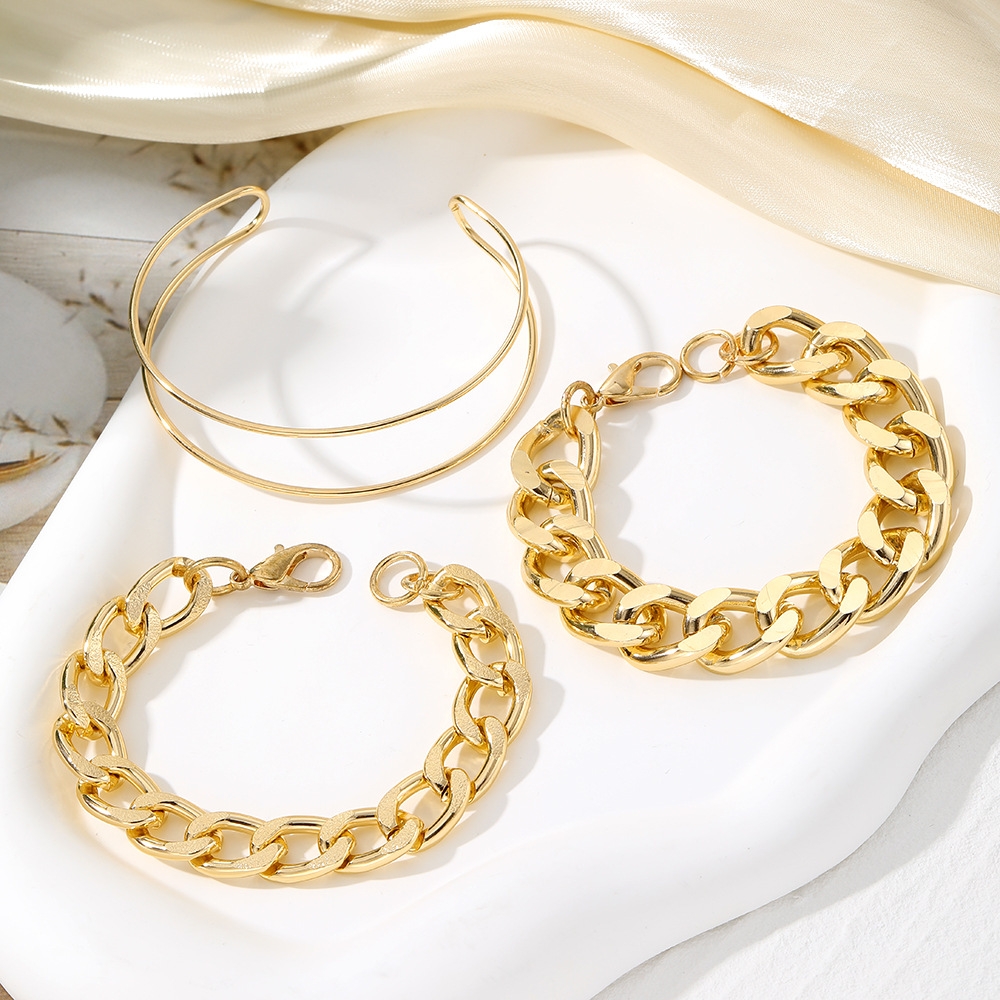 Cool Punk Gold Thick Chains Bracelet Bangles Sets for Women - 图1