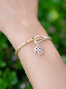 足银9999珐琅绣球花开口手镯