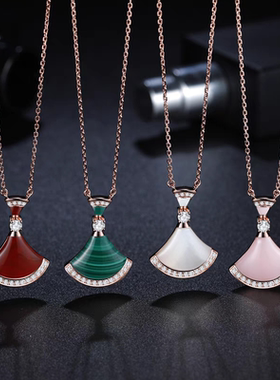 明星款小扇子项链女18K玫瑰金天然白贝母红玉髓扇形小裙子锁骨链