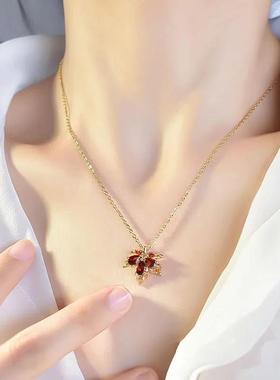 新款网红抖音同款红色枫叶项链小众设计感轻奢气质百搭锁骨