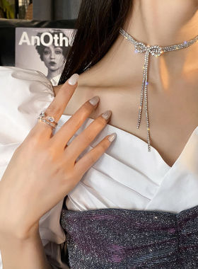 超闪气质高级感蝴蝶结流苏项链女宴会婚礼轻奢锁骨链个性颈链