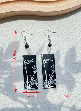 中国风文竹牡丹花长款耳环创意新中式立体浮雕双面印花亚克力耳饰