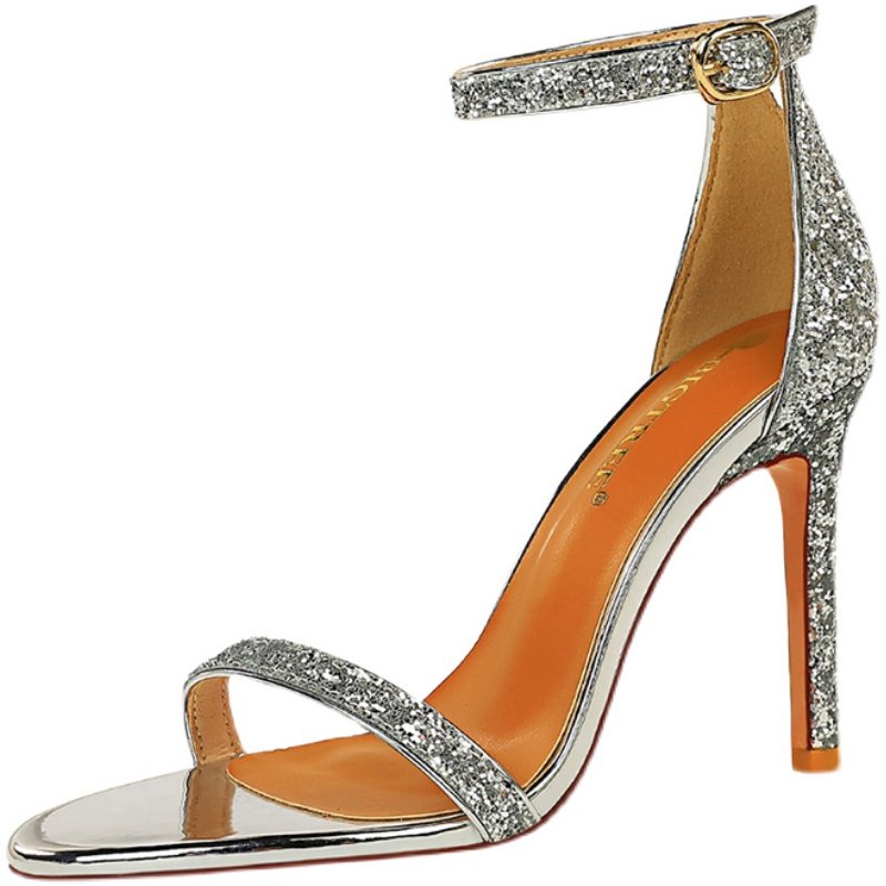 高跟鞋女细跟2025年夏季新款网红一字带气质亮片仙女爆款露趾凉鞋,淘宝优惠券,粉丝福利购,淘宝优惠卷