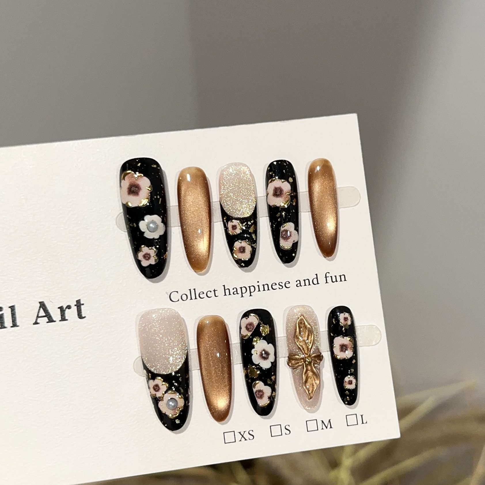 黑金小花穿戴甲高级感长款可拆卸显白2025新年款甜酷辣妹小众猫眼,淘宝优惠券,粉丝福利购,淘宝优惠卷