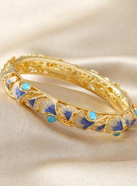 复古景泰蓝镂空银杏叶手镯时尚古风女式双层珐琅真金镯子