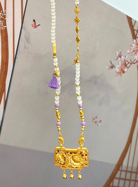 2025新中式国潮风璎珞浮雕牡丹方形锁铜镀金手工錾刻古风毛衣链女