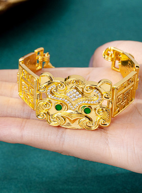 新品古法沙金手链国风镶钻璃龙兽面手表链高级感黄金色义乌饰品