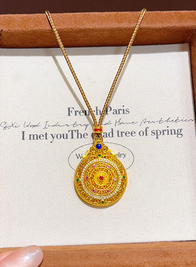 沙金点钻花丝可转动龙纹圆盘吊坠黄金色女项链时来运转罗盘挂坠女
