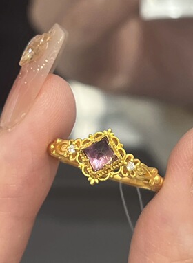 轻奢中古风设计感蕾丝紫耀星点钻戒指女 显白沙金紫宝石活口指环