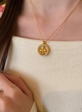 黄金色沙金镶钻幸运吉象敦敦象罗盘项链女款太平有象百搭气质颈链