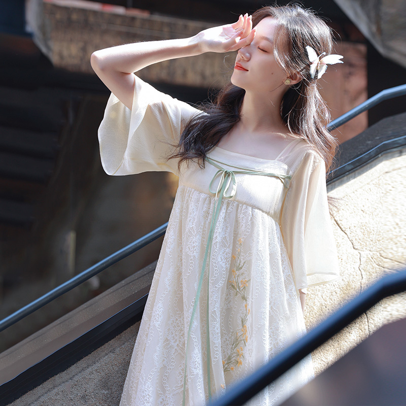 只为花忙 复古改良拼接显瘦连衣裙新国风刺绣蕾丝汉服裙夏季新款 - 图2