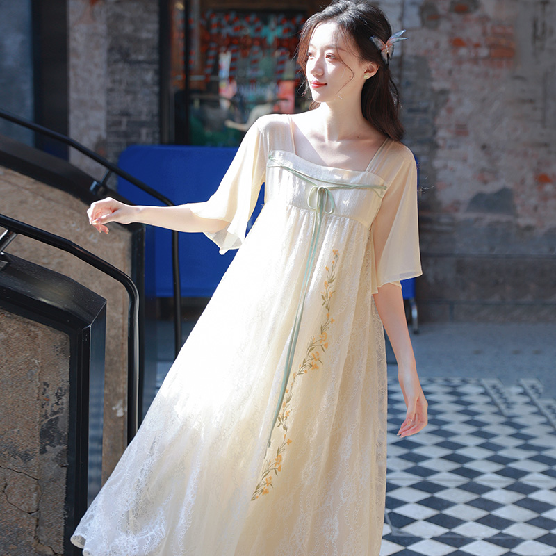 只为花忙 复古改良拼接显瘦连衣裙新国风刺绣蕾丝汉服裙夏季新款 - 图0