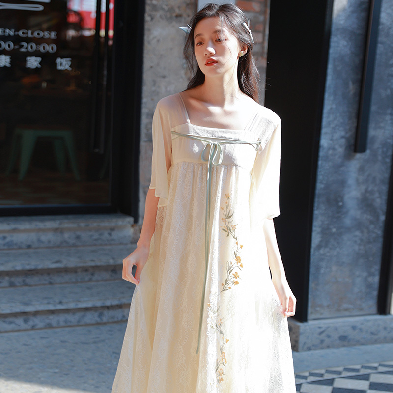 只为花忙 复古改良拼接显瘦连衣裙新国风刺绣蕾丝汉服裙夏季新款 - 图1