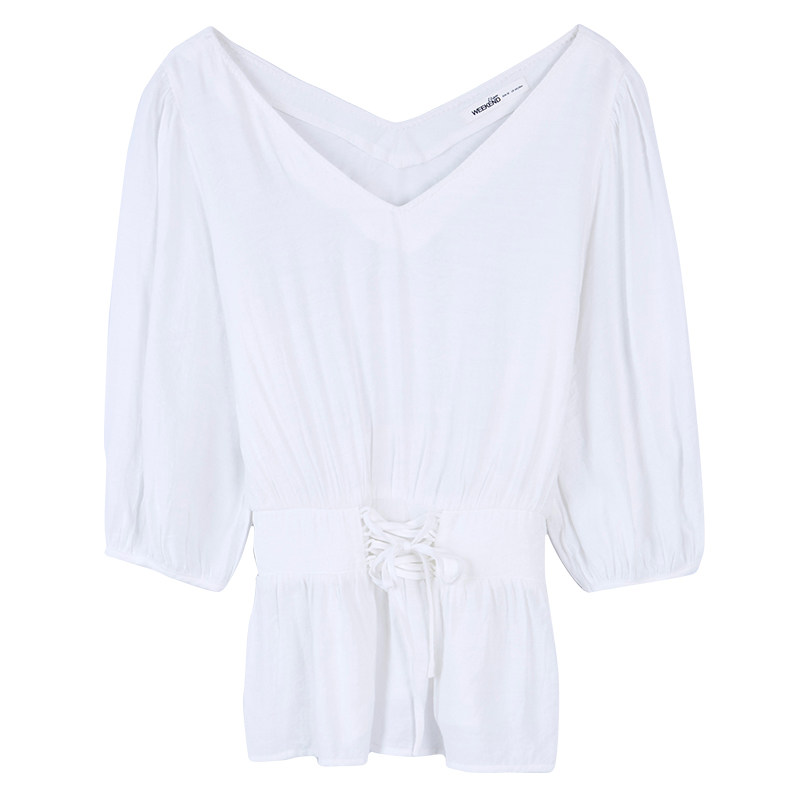 艾格纯色宽松收腰v领z161衬衫 艾格银座衬衫