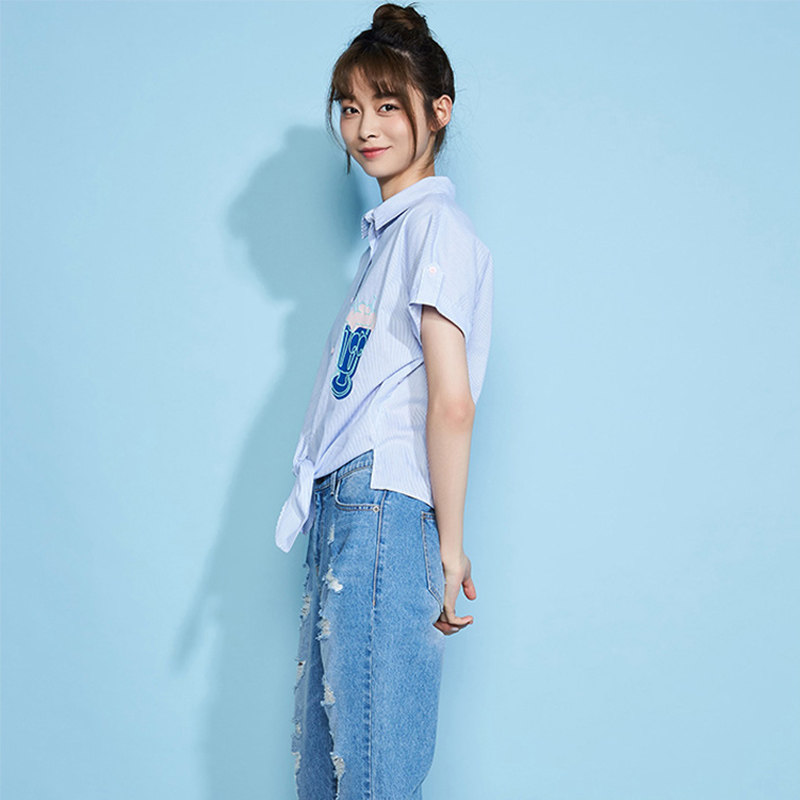 艾格夏季女装2020甜美条纹短袖z09 艾格银座衬衫