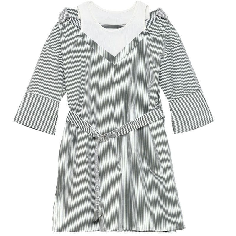 艾格条纹圆领w17五分袖连衣裙 艾格银座连衣裙