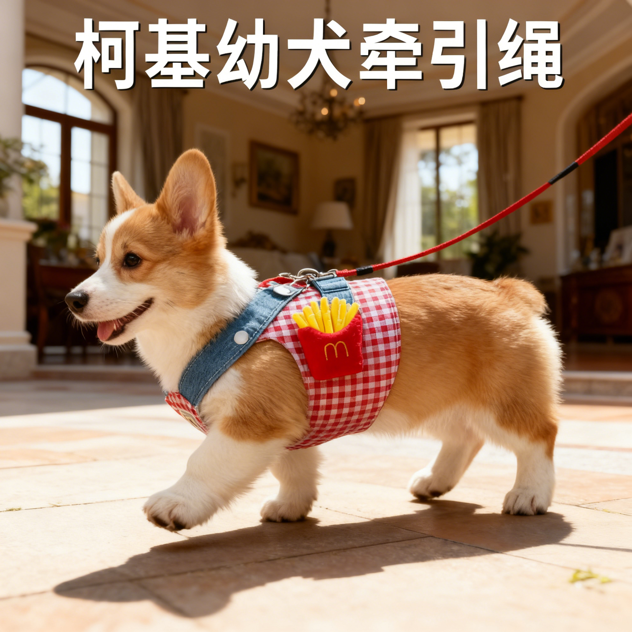 柯基幼犬牵引绳小狗狗专用背心式狗狗衣服帽子薯条牵引外出套装,淘宝优惠券,粉丝福利购,淘宝优惠卷