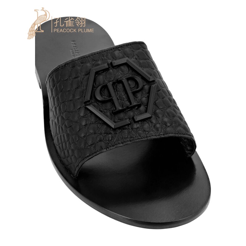PhilippPlein男鞋黑色小牛皮PP压花鞋面平底凉拖鞋 - 图3