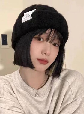 新款帽子女粗针织毛线帽秋冬季百搭大头围绿色宽松ins潮显脸小