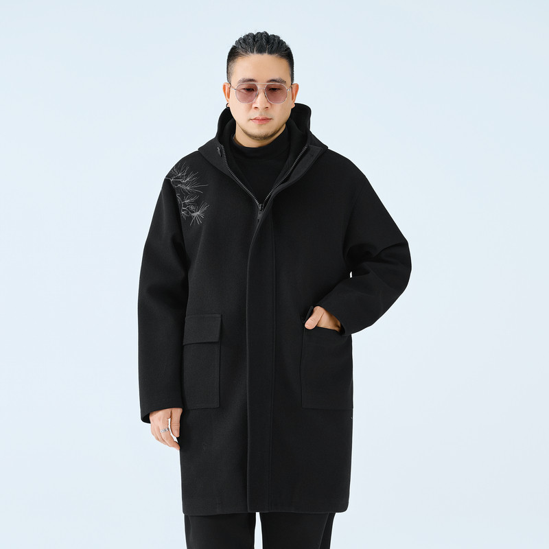 半墨毛呢大衣男冬季加厚复古刺绣风衣外套中长款连帽大衣大码男装,淘宝优惠券,粉丝福利购,淘宝优惠卷