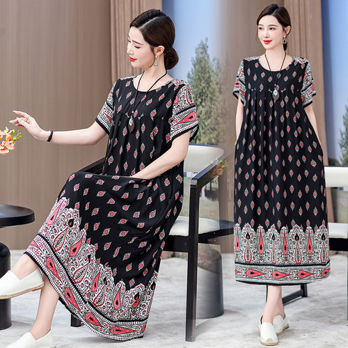 2026新款中老年棉绸连衣裙女夏季女装高贵过膝中年妈妈大摆长裙子 - 图2