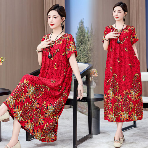 2026新款中老年棉绸连衣裙女夏季女装高贵过膝中年妈妈大摆长裙子 - 图3