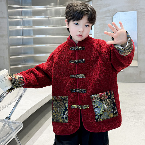 男童毛毛衣24冬装新款儿童国潮汉服唐装中大童男孩棉衣外套拜年服 - 图0