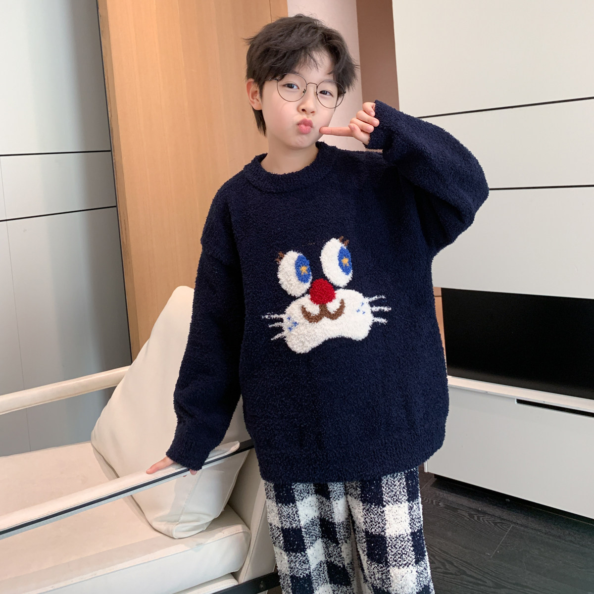 男童冬季半边绒家居服睡衣儿童休闲加绒套装中大童男孩保暖童装潮,淘宝优惠券,粉丝福利购,淘宝优惠卷