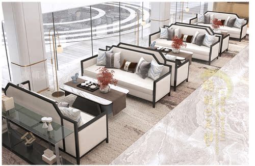 新中式茶楼大厅卡座沙发茶餐厅餐桌民宿酒店大堂包厢桌椅组合 - 图0