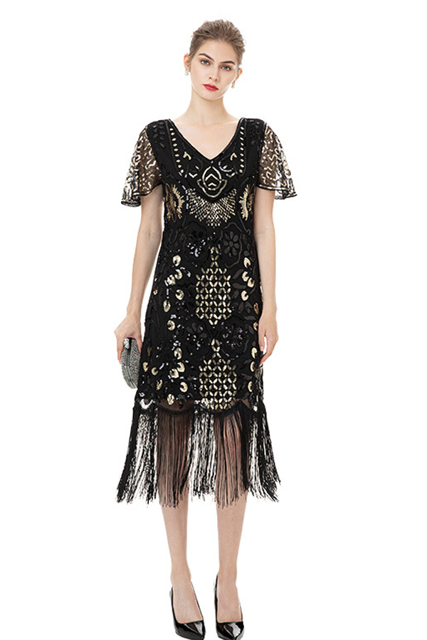 显年轻带袖盖茨比复古裙 1920s The Great Gatsby Party Dress-图2