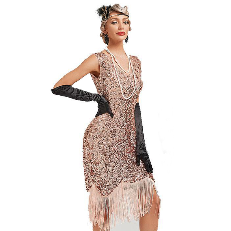 Flapper Dresses 1920s V Neck Beaded Fringed Great Gatsby裙-图3