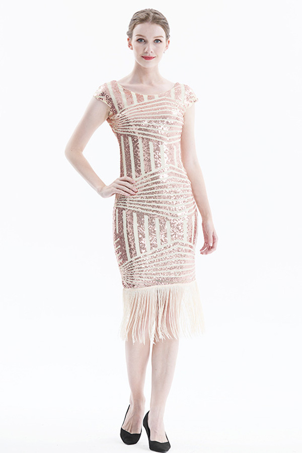 高个子1920s Vintage Flapper Fringe Sequin Gatsby Party Dress-图0