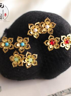 唐风合金小发钗多色点缀花朵